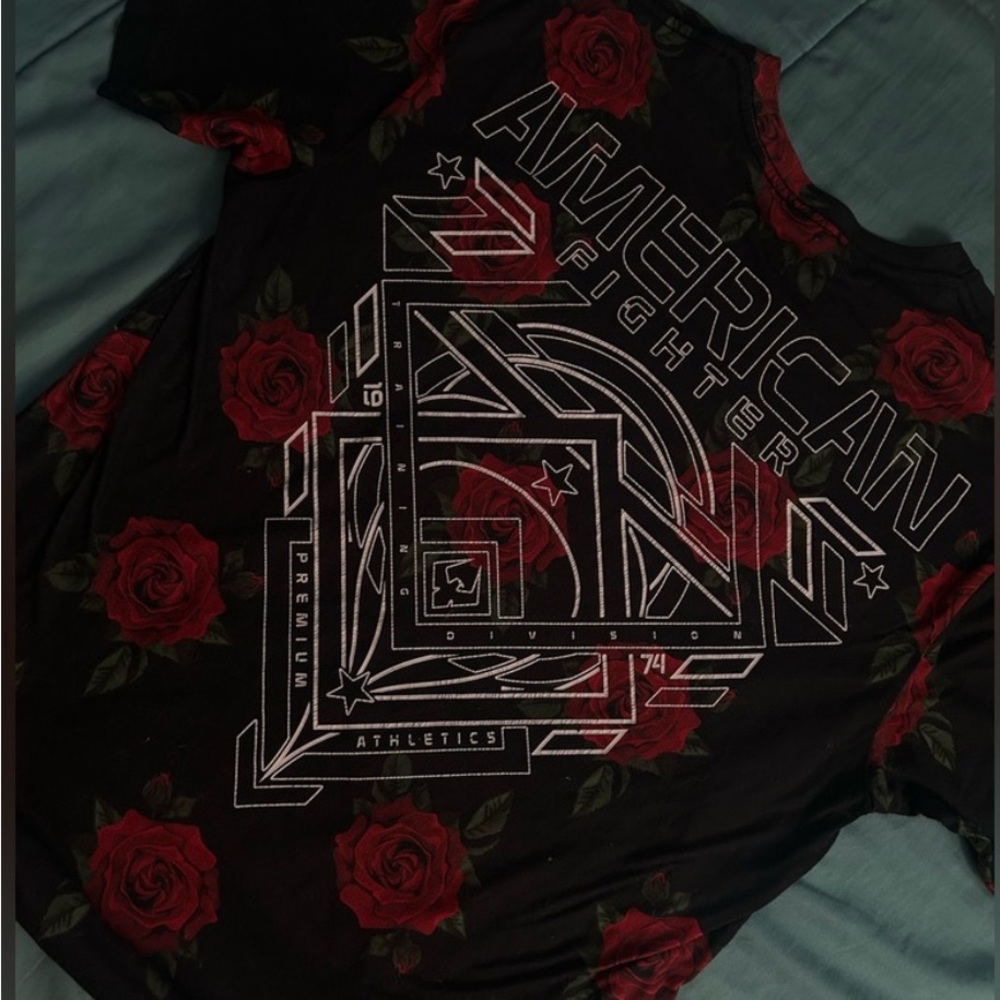 American Fighter Black Tee with Red Rose Accents